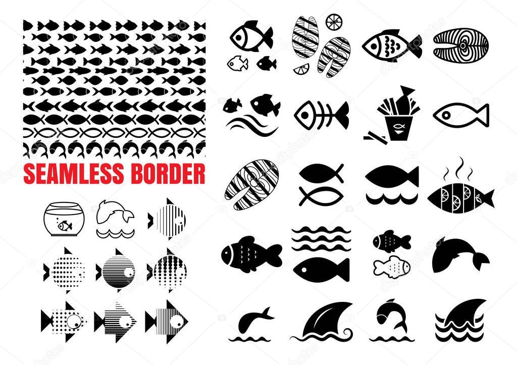 Set of Fish Icons and Wave Seamless Borders Isolated. Fishing or Seafood Template for Logo Design