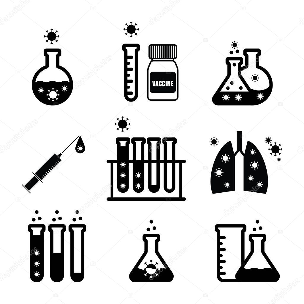 Virus test tubes vector icons, lab flask and COVID symbols isolated. Chemical beaker, medical research equipment, erlenmeyer logos