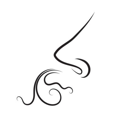 Akan koku dalgaları olan bir burnun minimalist el çizimi vektör simgesi. Çizgi resim sembolü kokuyu, kokuyu ya da kötü kokuyu, hava ve nefesin solunuşunu, logo ya da sembol olarak kullanıldığını gösterir.