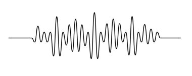 Devamlı ince çizgi ses dalgası ikonu. Bir satır sanat ses sembolü, tek çizgi ses dalgası formu veya radyo dengeleyicisi, beyaz arkaplanda izole edilmiş minimal podcast ses parçası
