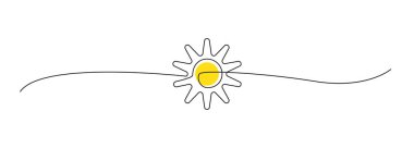 Bir çizgi güneş vektör simgesi. Aralıksız gün ışığı çizgisi, gündoğumu karalaması, yaz tek çizgi çizimi, gün batımı doğrusal logosu, beyaz arkaplanda soyut güneş