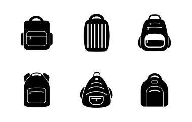 Sırt çantası simgesi seti. Okul çantası sembolü, basit sırt çantası taslağı, okul çantası resmi, seyahat çantası ya da çanta silueti, valiz ya da sırt çantası, sırt çantası vektör çizimi