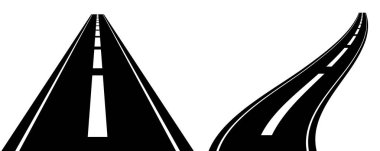 Viraj yolu ikonu, otoyol kıvrım çizgisi. Eğri yol çizimi üst görünüm, düz yol çizimi, minimal yatay trafik piktogramı