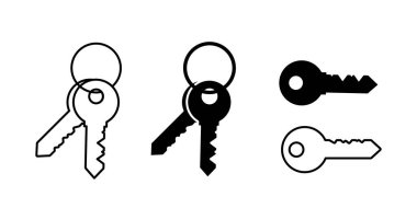 Anahtar basit satır simgesi seti. Kapı piktogramı, ev veya anahtar kelime vektör sembolü, parola veya başarı silueti, beyaz arkaplanda izole edilmiş anahtar düz şekil
