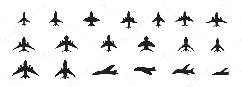 Plane vector icon, airplane silhouette. Airport simple symbol, black plane logo, airline pictogram or jet aircraft shape top side view isolated
