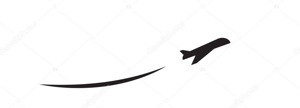 Plane departure vector icon, take off airplane silhouette. Airport simple symbol, black takeoff plane logo, airline pictogram or jet aircraft shape side view isolated