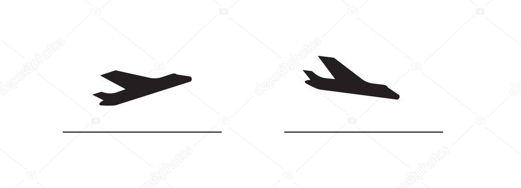 Plane departure and landing vector icon, take off airplane silhouette. Airport simple symbol, black takeoff plane logo, airline pictogram or jet aircraft shape side view isolated