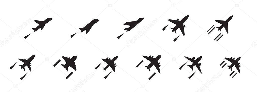 Plane departure vector icon, take off airplane silhouette. Airport simple symbol, black takeoff planes logo set, airline pictogram or jet aircraft shape top view isolated