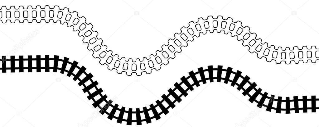 Curve train track icon, railway winding line. Curve railroad illustration top view, rail way flat illustration, minimal horizontal train track pictogram