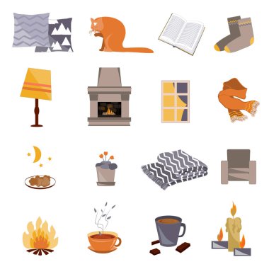 Hygge vakti. Vektör düz simgeler kümesi. Mumlar, çorap, halı, çay, şömine, sandalye, kedi, yastıklar, pencere yangın ve diğer Danimarkalı mutluluk kavramı gibi rahat ev şeyler