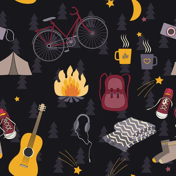 Κάμπινγκ Χωρίς Ραφή Πρότυπο Σύμβολα Τουρισμού Σακίδιο Campfire Ποδήλατο Πάνινα — Διανυσματικό Αρχείο