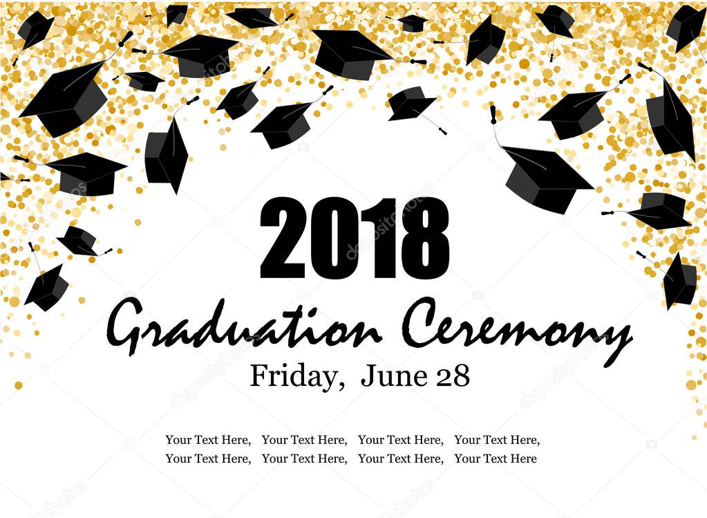 Graduate caps on the gold confetti background. Graduate ceremony horizontal banner or card. Vector illustration