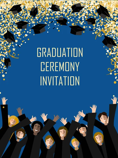 幸せな卒業生が金の紙吹雪空卒業の帽子を投げポスターを卒業 ベクトル図 — ストックベクタ