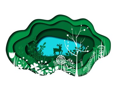 Kağıdı Gölü, ağaçlar ve geyiği siluet güzel manzara kesin. Web ve baskı, afiş, poster, kartları için kullanılabilir. Vektör çizim.