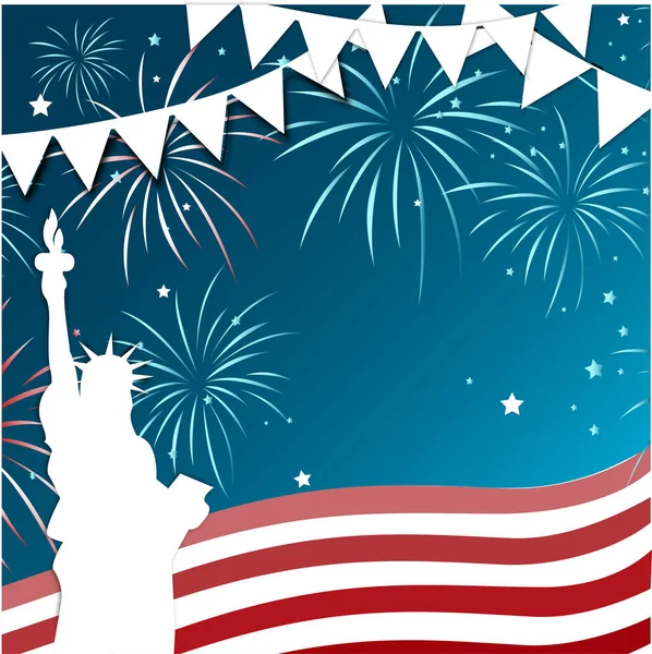 4 Temmuz kutlamaları arka plan tasarım ABD bayrağı ve Özgürlük Anıtı. Amerikan Bağımsızlık günü kare Banner. Vektör çizim