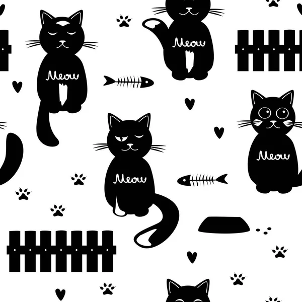 Niedliche Katzen nahtlose Muster. schwarz-weiß — Stockvektor