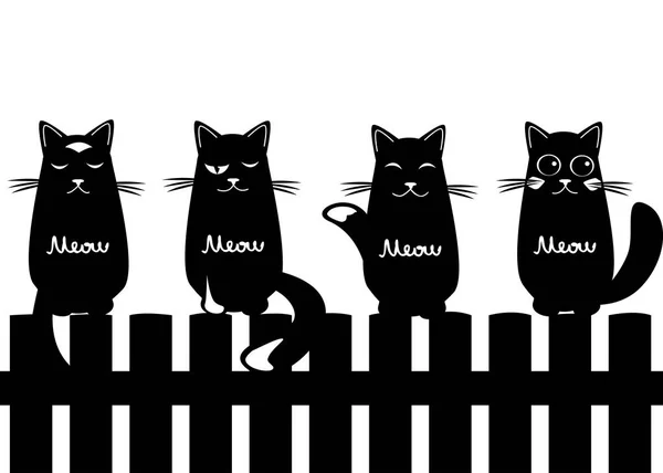 Roztomilý Vzor Bezešvé Pozadí Kočkami Sezení Plot Černé Bílé Siluety — Stockový vektor