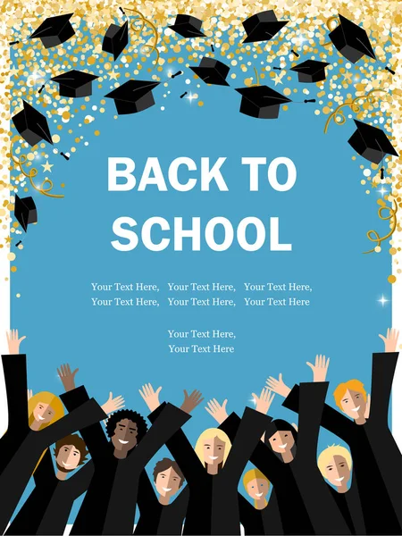 回到学校的海报上 带着快乐的学生把毕业帽扔进了金色的五彩纸屑的天空 学年初的向量例证 — 图库矢量图片