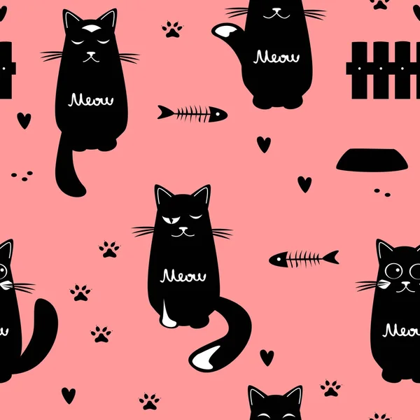 Cute Cats Seamless Pattern Black White Cats Fence Feed Hearts — Stock Vector