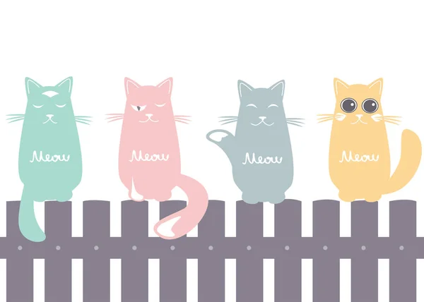 Niedlichen Nahtlosen Muster Hintergrund Mit Katzen Sitzen Auf Dem Zaun — Stockvektor