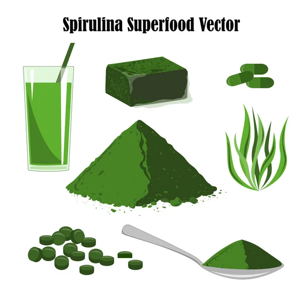 Spirulina Planta Comprimidos Cápsulas Cubo Congelado Smoothies Conjunto Ilustrações Vetoriais —  Vetores de Stock