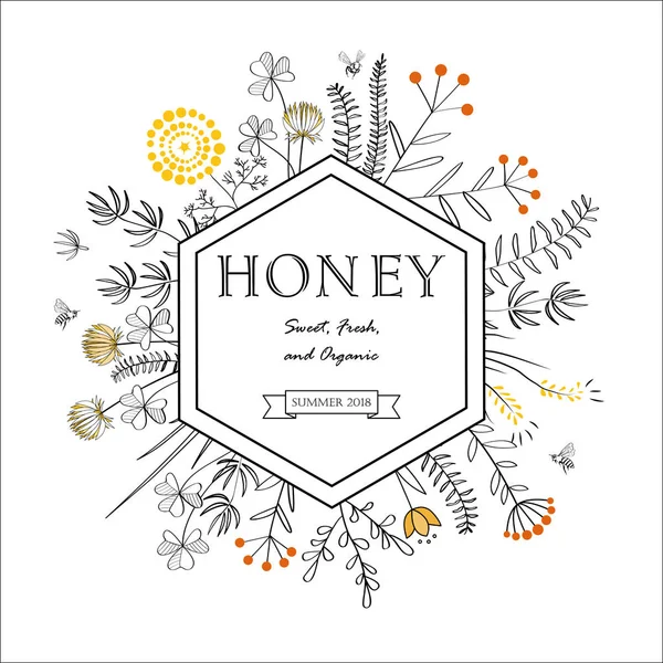 Rama Doodle Honey Kwiatów Pszczoły Ilustracja Wektorowa Kwiatowy Łąka Zakłady — Wektor stockowy