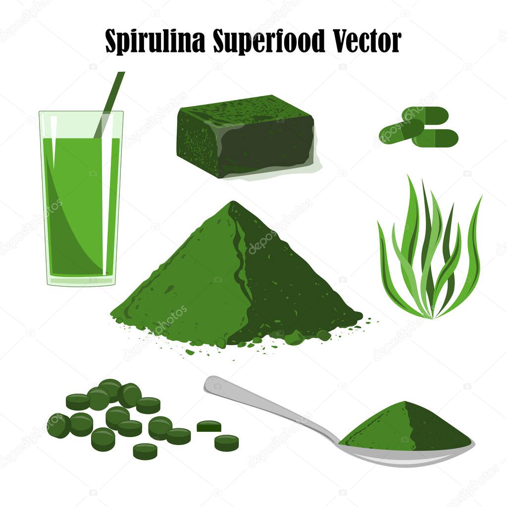 Spirulina plant, powder, pills, capsules, frozen cube, and smoothies. Vector illustration set of seaweed and medicine drug isolated on white background.