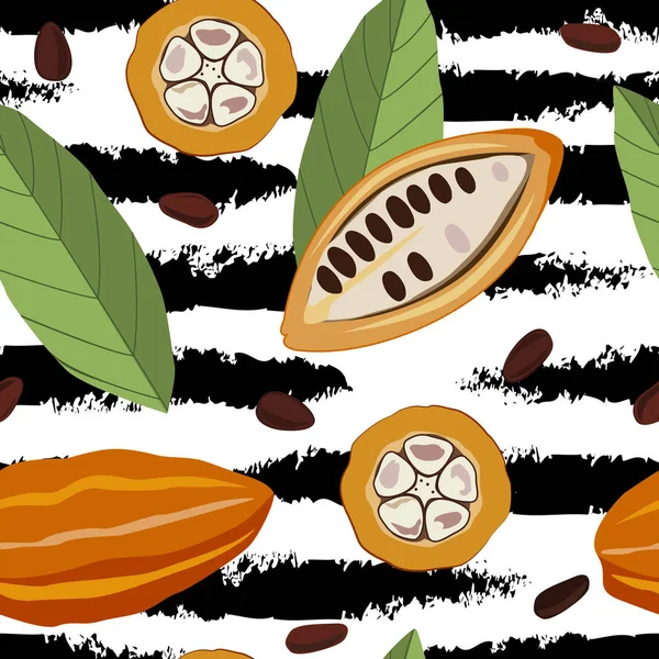 Modello Senza Cuciture Con Frutti Foglie Cacao Strisce Nere Grange — Vettoriale Stock