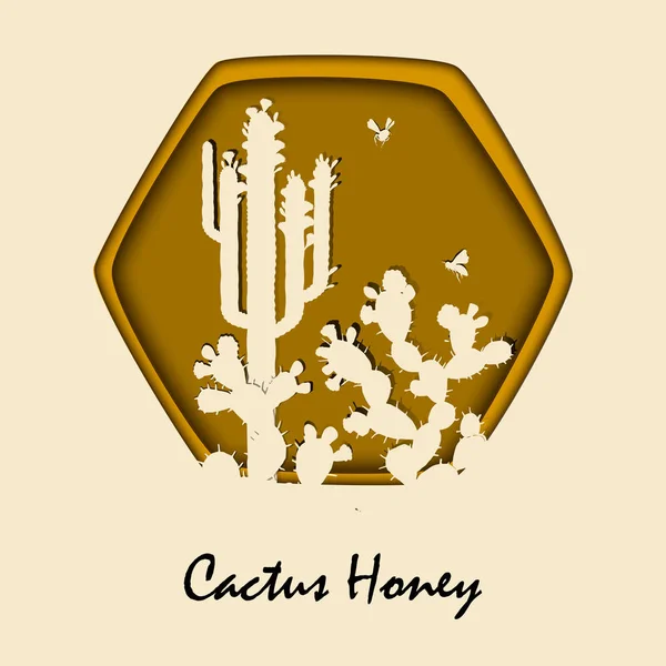 Honey Bee Repülő Fügekaktusz Kaktusz Silhouette Közelében Stílusos Papír Vágott — Stock Vector
