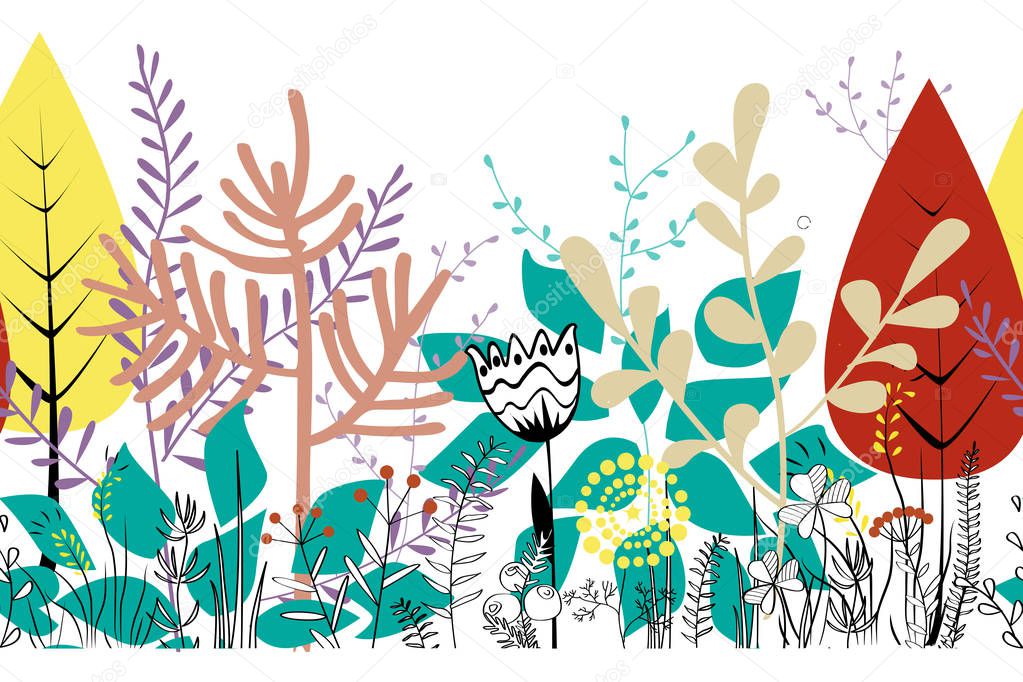 Multicolor trendy tropical autumn background, exotic leaves. Vector botanical illustration, Great design element for congratulation cards, banners and flyers.