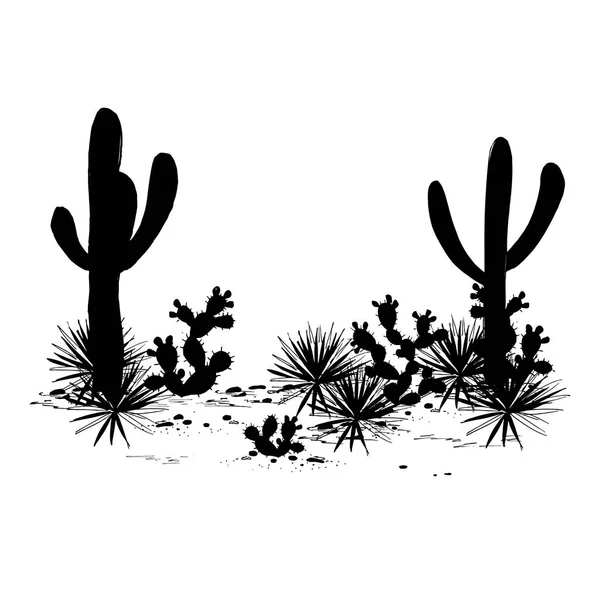 Paisagem Cacti Sílhuetas Vetoriais Saguaro Pêra Espinhosa Agave Banner Preto — Vetor de Stock