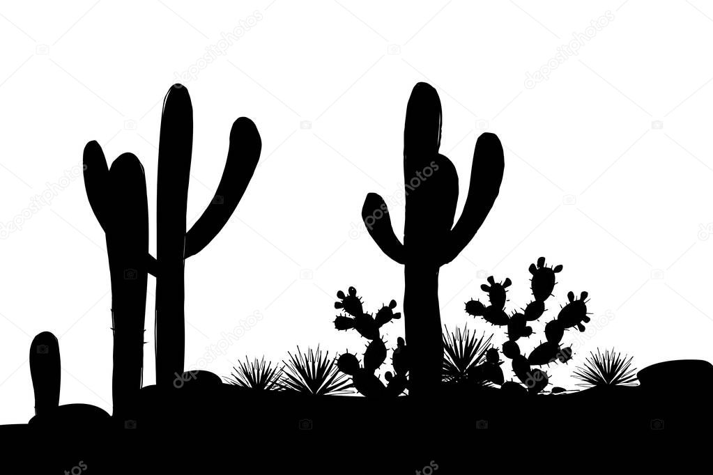 Mexican landscape with saguaro, prickly pear, agaves, and stones. Vector illustration. black and white stylish banner