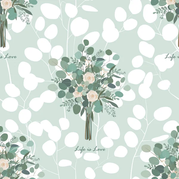 Roses Feuilles Eucalyptus Motif Vectoriel Sans Couture Illustration Vectorielle — Image vectorielle