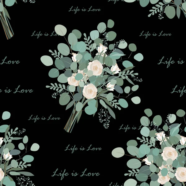 Flor Buquê Sem Costura Padrão Eucalyptus Bunches Life Love Texto — Vetor de Stock