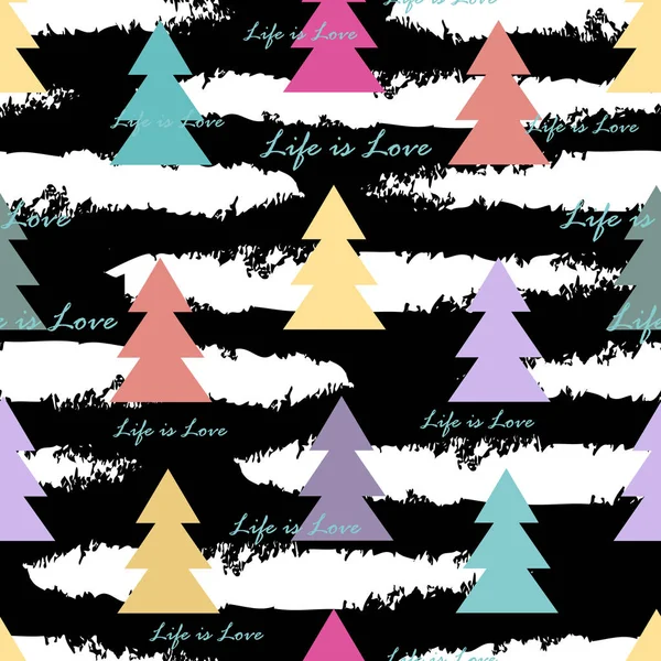 Seamless Pattern Abstract Fir Trees Black Stripes Vector Illustration Bright — Stock Vector