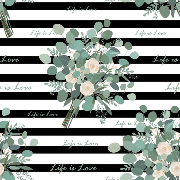 Stylish Flower Bouquet Seamless Pattern Eucalyptus Bunches Life Love Text — Stock Vector