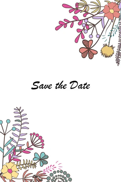 ベクトル落書きは野生草原の植物と花のカード フレーム ブーケ デザイン ベクトルの図 結婚式 招待状 グリーティング カードの枠線テンプレート デザイン — ストックベクタ
