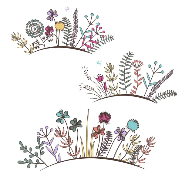 Vintage Florale Horizontale Grenze Doodle Wiesenblumen Gras Kräuter Gestaltungselemente Für — Stockvektor