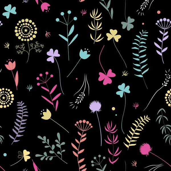 Nahtloses Blumenmuster Mit Kritzelblättern Und Kräutern Vektorillustration Zierliche Silhouetten Auf — Stockvektor