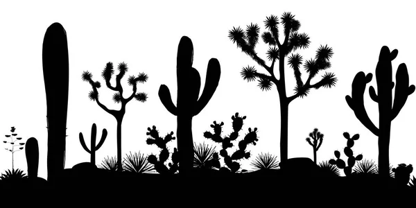 Desert seamless pattern with silhouettes of joshua trees, opuntia, and saguaro cacti. — Stock Vector