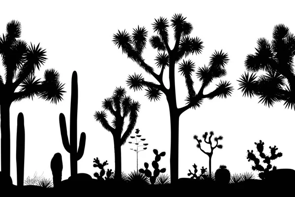 Desert seamless pattern with silhouettes of joshua trees, opuntia, and saguaro cacti. — Stock Vector