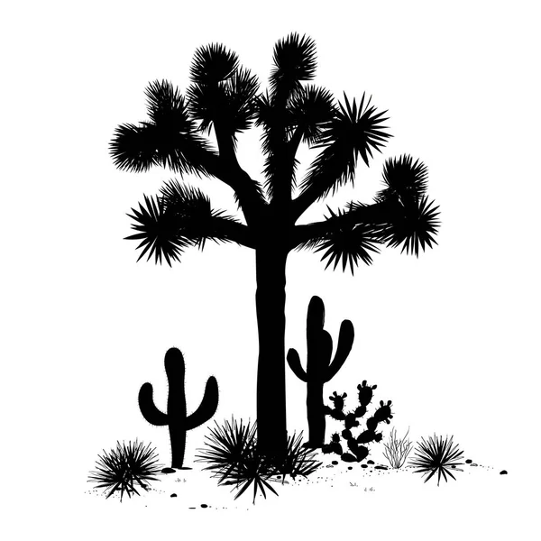 Outline landscape with Joshua tree and cacti. Vector illustration. — Stock Vector