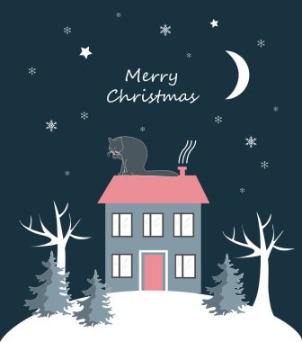 Kedi evi çatıda oturma. Ağaçlar ve gece tepe. Kış arka plan