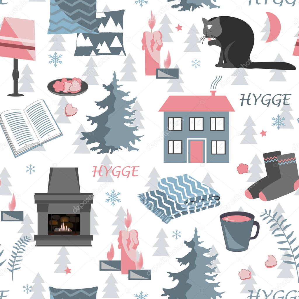 Hygge seamless pattern. Vector illustration with forest plants and cozy home things like candles, socks, wrap, cocoa, fireplace. Harmony with nature and cozy danish happiness concept.