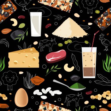 Spor ve sağlıklı beslenme beslenme seamless modeli. Hayvan ve vegan protein yiyecek