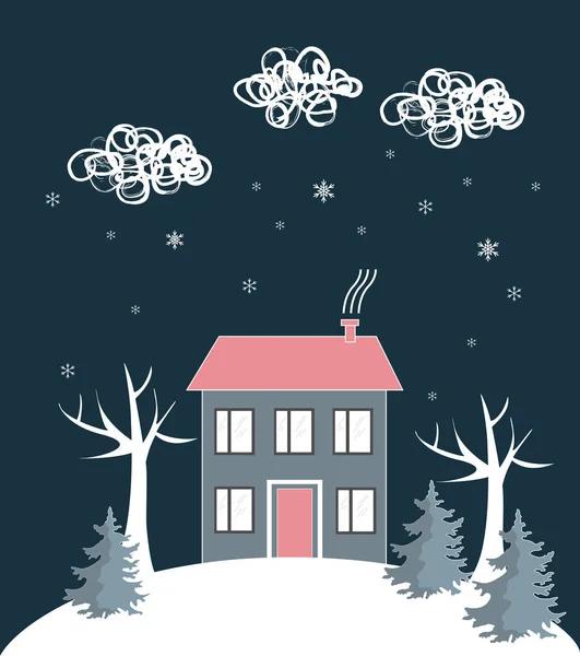 Desenhos animados paisagem de inverno, com casa e colina de neve. Ilustração vetorial —  Vetores de Stock