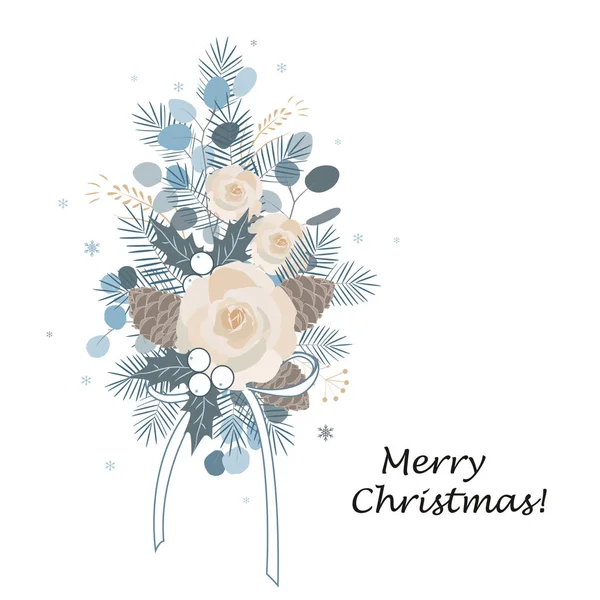 Weihnachtsstrauß arrangiert mit Eukalyptus, Rosen, Tannenzapfen, einer Mischung aus Pflanzen und Beeren. Weihnachtsdesign — Stockvektor