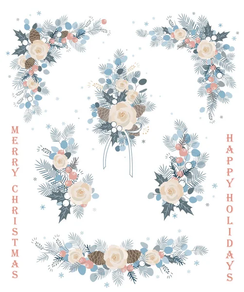 Conjunto de flores vector de Navidad, ramas florecientes, flores, florece, guirnaldas y esquinas . — Vector de stock