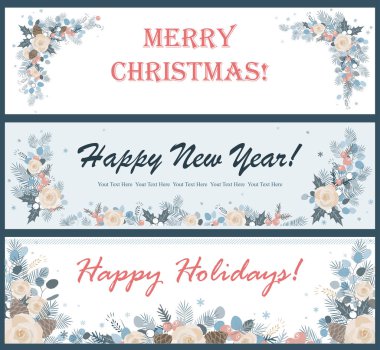 Noel yatay afiş veya el ilanları ayarlayın. Vektör çiçek dekorasyon öğeleri.