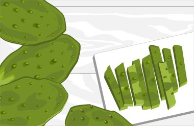 Nopal cactus paddle, peeled and cut, with prickly pear fruit. National Mexican cuisine food ingredient. Hand drawn cartoon style vector illustration. clipart